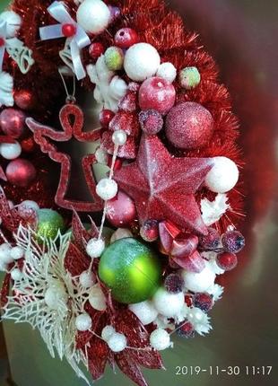 Рождественский венок, новогодний венок, венок на дверь, рiздвяний вiнок, венок из новогодних шаров,3 фото