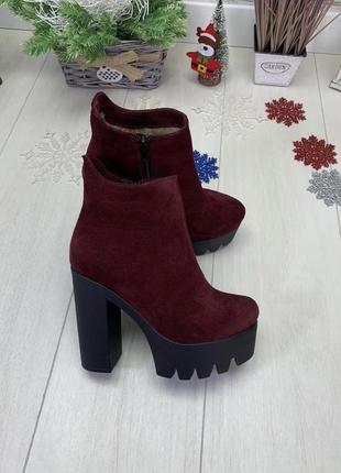 Черевики зима, черевики на високих підборах, натуральна замша, набивна шерсть