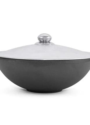 Чугунная сковорода казан wok с алюминиевой крышкой 3,7 л  28 см
