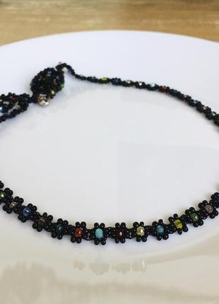 Черный цветочный чокер из бисера, бисерное ожерелье