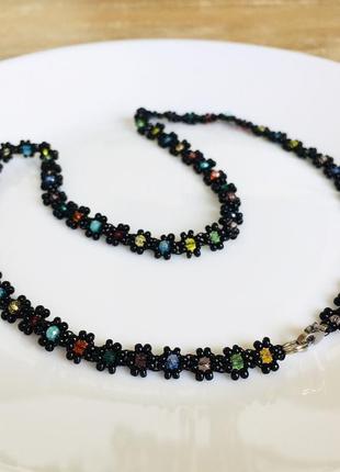 Черный цветочный чокер из бисера, бисерное ожерелье7 фото