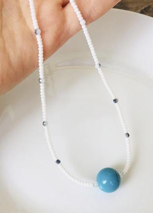 Белый бисерный чокер с бирюзой, ожерелье из бисера5 фото