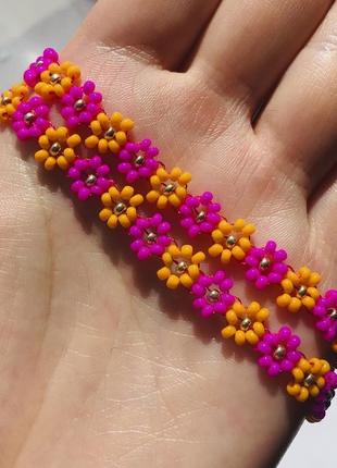 Розово-оранжевый цветочный чокер из бисера, бисерное ожерелье цвета фуксии7 фото