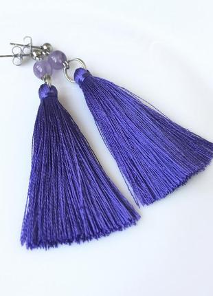 Фіолетові сережки китиці з аметистовою бусиною