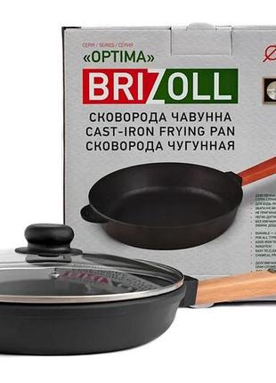 Сковорода чугунная brizoll со стеклянной крышкой и с деревянной ручкой optimа 260 х 60 мм