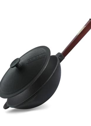 Сковорода чугунная wok  с деревянной ручкой bordo и чугунной крышкой brizoll 2,8 л 260х80 мм