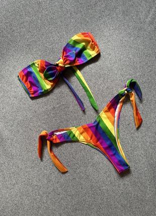 Primark дефект купальник з принтом веселка в смужку як новий бандо v трусики висока посадка сексі