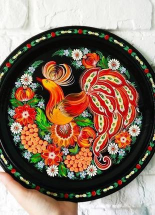 Деревянная тарелка с петриковской росписью "птица в саду"2 фото