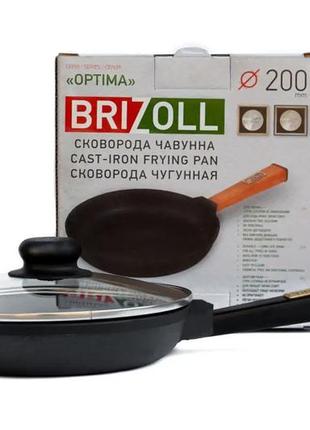 Сковорода чавунна brizoll optima black зі скляною кришкою і з дерев'яною ручкою 260 х 60 мм