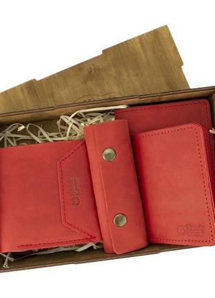 Жіночий подарунковий набір handycover №44 червоний (гаманець, 2 обкладинки, ключниця) в коробці2 фото
