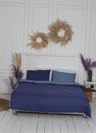 Крафтовое постельное белье из 100% льна двухцветная blue2 фото