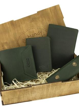 Жіночий подарунковий набір handycover №44 зелений (гаманець, 2 обкладинки, ключниця) в коробці