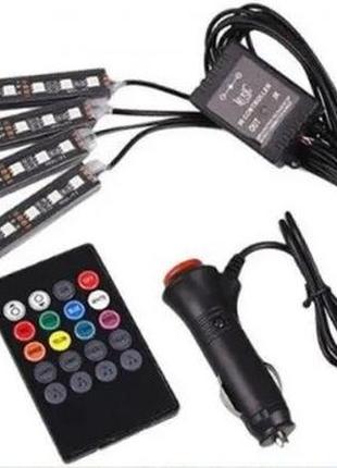 Светодиодная подсветка для салона авто rgb 4х12led с пультом 12v