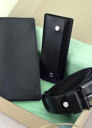Подарочный набор мужской handycover №52: кошелек + ключница + ремень (черный)1 фото