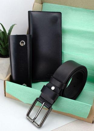 Подарочный набор мужской handycover №52: кошелек + ключница + ремень (черный)2 фото