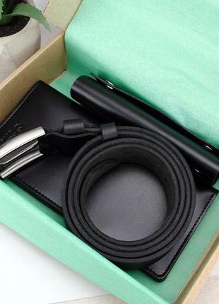 Подарочный набор мужской handycover №52: кошелек + ключница + ремень (черный)3 фото