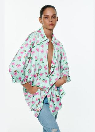 Zara сатиновая рубашка в стиле оверсайз цветочный принт /9767/