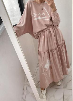 Италия пудровый розовый костюм новый хлопок юбка и свитшот