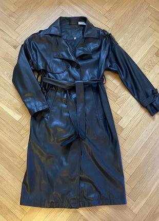 Черное кожаное пальто, экокожа, кожанка, гранж панк y2k1 фото