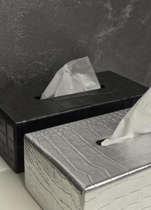 Срібна шкіряна підставка для серветок прямокутна текстура крокодил преміум офіс декор black&white4 фото