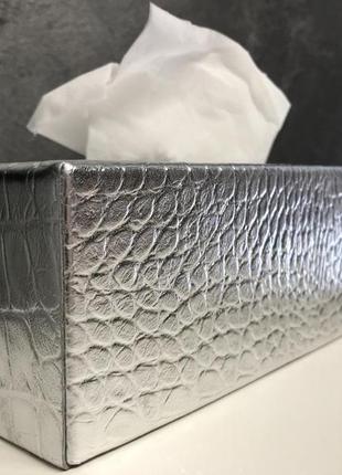 Серебряная кожаная салфетница прямоугольная текстура крокодил премиум офис декор black&white3 фото