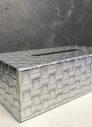 Серебряная кожаная салфетница прямоугольная текстура боттега премиум офис декор black&white3 фото