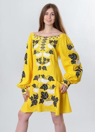 Сукня "калина" міні, жовтий льон3 фото