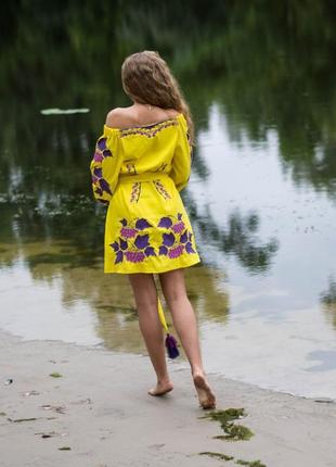 Сукня "калина" міні, жовтий льон7 фото