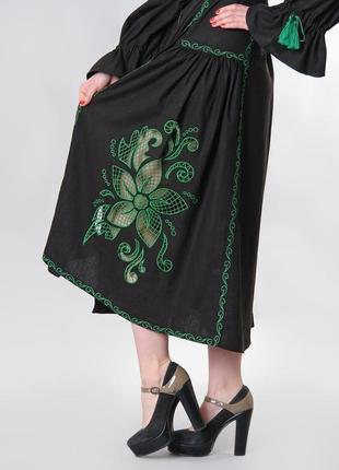 Вышитое платье "диво-квітка" макси, черный лен5 фото