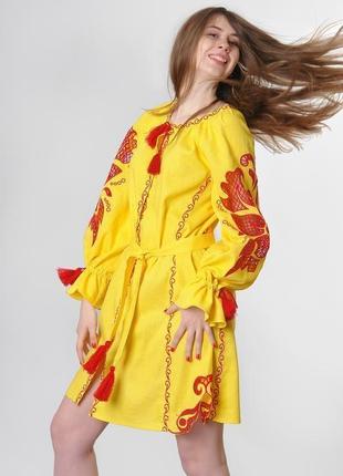 Вышитое платье "диво-квітка" мини, желтый лен4 фото