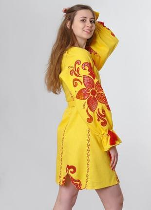 Вышитое платье "диво-квітка" мини, желтый лен3 фото