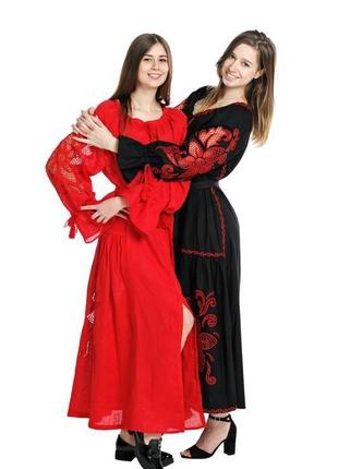 Вышитое платье "диво-квітка" макси, красный лен1 фото