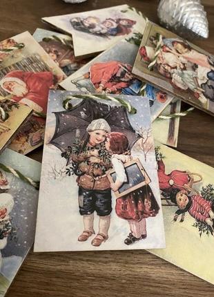 Деревянные ретро флажки с зимними сюжетами из серии "рождество"2 фото