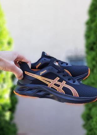 Asics черные с оранжевым кроссовки кеды мужские акс весенние летние демисезонные демисезон низкие текстильные сетка легкое качество