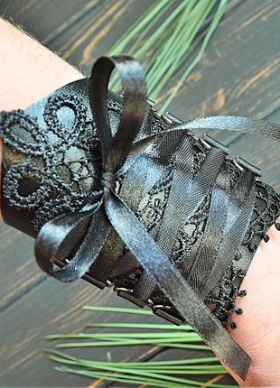 Готический браслет-корсет, черный кожаный браслет со шнуровкой2 фото