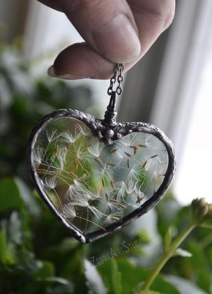 Кулон сердце с одуванчиком, подвеска из стекла, подарок для девушки3 фото