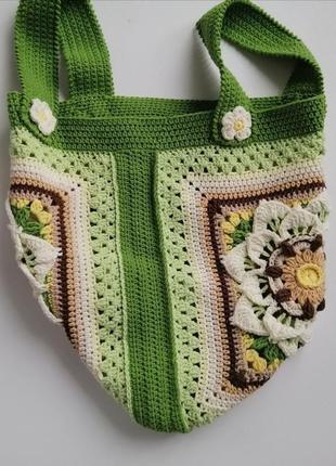 Вязаная крючком сумка шопер, летняя зелёная сумка авоська, эко торба8 фото
