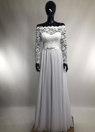 Свадебное платье а силуэта белого цвета 44 и 48 размера с гипюровым рукавом  и шифоновой юбкой !!!