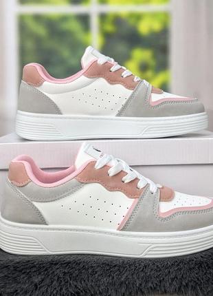 Кросівки кеди жіночі білі із сірим і рожевим swin-shoes 4439