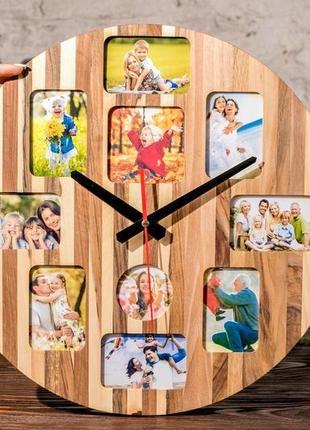 Настінний дерев'яний годинник з фоторамками в середині