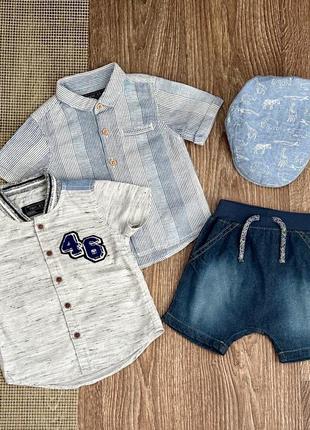 Стильный комплект мальчику 3-6 месяцев, рубашки, шорты, панама
