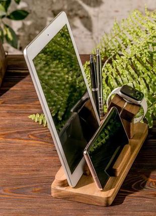Подставка-органайзер из дерева для гаджетов телефона часов apple iphone айфон в офис на подарок папе6 фото