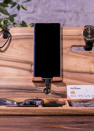 Настільний дерев'яний органайзер док станція для смартфона годин ручки ключів очок у подарунок чолов