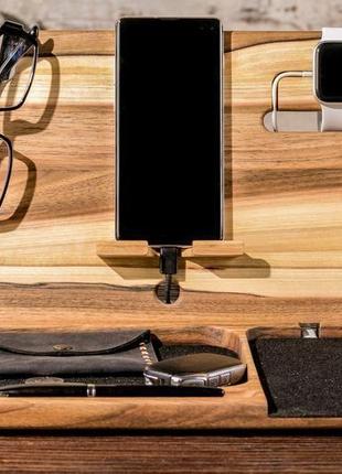 Настільний дерев'яний органайзер бездротовий зарядний пристрій для iphone & годинника apple1 фото