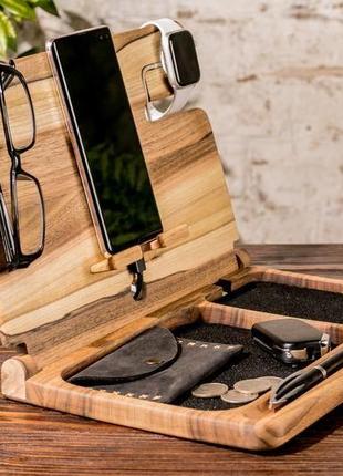 Настільний дерев'яний органайзер бездротовий зарядний пристрій для iphone & годинника apple3 фото
