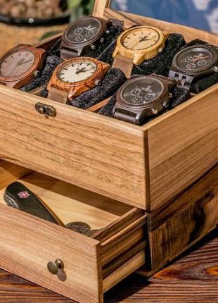 Шкатулка для часов мужская на 6 ячеек с ящиком и стеклянной крышкой