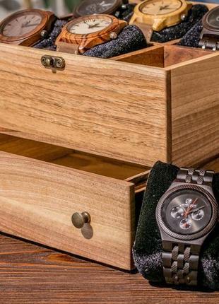Шкатулка для часов мужская на 6 ячеек с ящиком и стеклянной крышкой