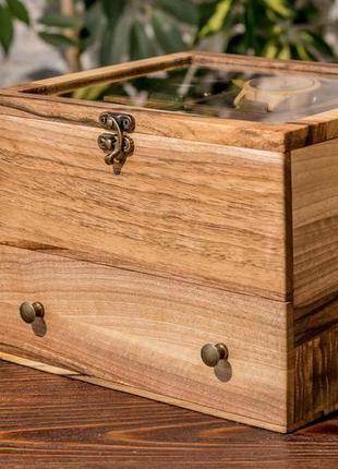 Шкатулка для часов мужская на 6 ячеек с ящиком и стеклянной крышкой