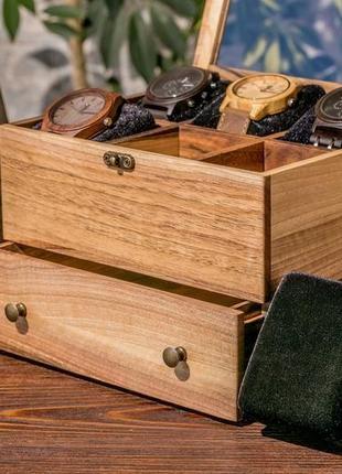 Шкатулка для часов мужская на 6 ячеек с ящиком и стеклянной крышкой