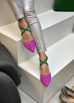 Ексклюзивні туфлі лодочки з італійської шкіри та замші жіночі на підборах з бантиком9 фото